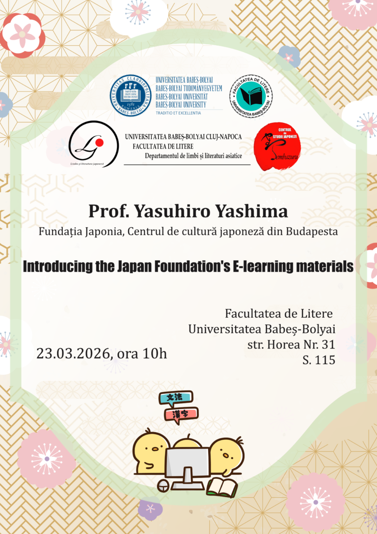 Prof. Yasuhiro Yashima (Fundația Japonia, Centrul de cultură japoneză Budapesta) împreună cu studenții specializării Limba și literatura japoneză (An 3, Facultatea de Litere, UBB)
