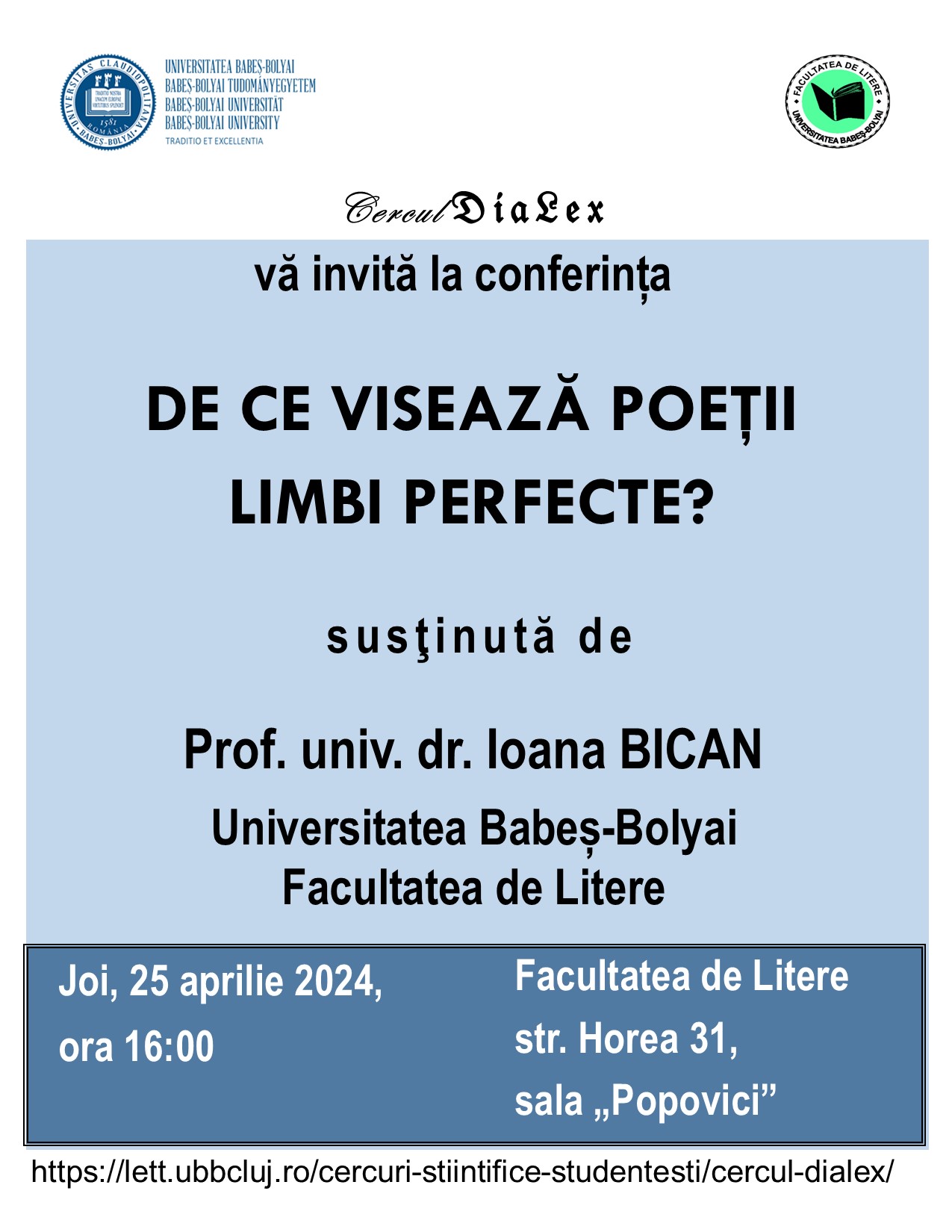 Prof. univ. dr. Ioana Bican, „De ce visează poeții lumi perfecte?”, prelegere în cadrul Cercului DiaLex, 25 aprilie 2024